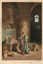 Retrato de Rhases (Rhazes, Razi, Al-Razi, Razis, ou Rases) (840-923) Cientista persa) em seu laboratório em Bagdá. Barcelona, 1881.