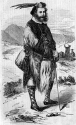 Retrato de Roualeyn George Gordon Cumming (1820-1866), viajante escocês e caçador de leões. Gravura de Linton em "The Illustrous World" n°56 de 8 de Maio de 1858.