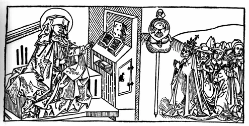 Retrato de Santa Brigitte da Suécia (1103 - 1373). Gravura de "Leben der Heiligen - sommerteil" (O livro do santo) de Jacobus (Tiago) de Voragine (1228-1298). Lubeck 1488.