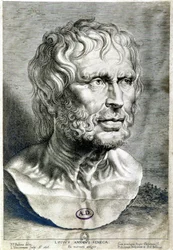 Retrato de Séneca (Lúcio Aneu Séneca, 4 a.C.-65 d.C.), filósofo da escola estoica, dramaturgo e estadista romano - Gravura, 1638 - Colecção Maciet, Biblioteca das Artes Decorativas, Paris