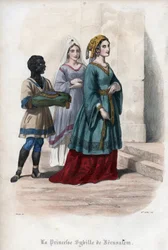 Retrato de Sibila de Jerusalém (Sibila de Jerusalém) (c. 1160-1190), princesa e depois rainha de Jerusalém. Gravura de 1842 de «Histoire des popes» de Maurice Lachâtre. Colecção particular.