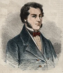Retrato de Sir James Brooke, conhecido como o Rajá de Sarawak (1803-1868), primeiro rajá branco de Sarawak. Gravura em "Le Monde illustrious", de 1857. Coleção privada.