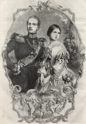 Retrato de Suas Altezas Reais Princesa Vitória (1840-1901) (Rainha Vitória) e Príncipe Herdeiro Frederick William da Prússia (1831-1888). Gravura de 1858.