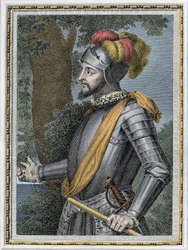 Retrato de Vasco Nunez de Balboa, conquistador espanhol (1475-1517) - Gravura do século XIX