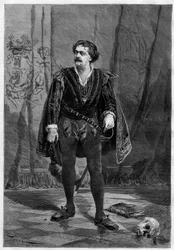 Retrato do actor Ernesto Rossi no papel de Hamlet de William Shakespeare no teatro Ventadour, em Paris, em 1875.