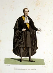 Retrato de um príncipe auxiliar da Santa Sé que serviu durante as cerimônias e visitas. Gravura do século XIX.