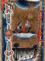 Retrato do poeta italiano Dante Alighieri com Beatrice, na Divina Comédia - miniatura