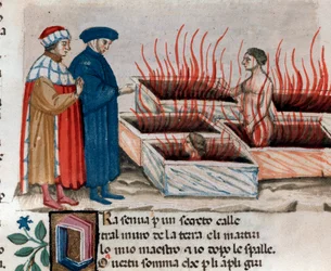 Retrato do poeta italiano Dante Alighieri com Virgílio entre os hereges como Farinata degli Uberti (canção 10 do Inferno, na Divina Comédia) - miniatura do século XV