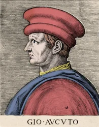 Retrato do mercenário e condottiere inglês John Hawkwood (Jean Haccoude ou Giovanni Acuto) (1320-1394) Xilografia do século XVI