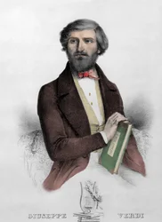 Retrato do compositor italiano Giuseppe Verdi (1813 - 1901) com a partitura para "i Due Foscari" Gravação de 1844.