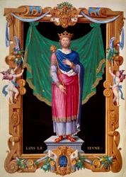 Retrato do Rei da França Luís VII, o jovem (1120-1180). Miniatura em "Recueil des rois de france" de Jean du Tillet