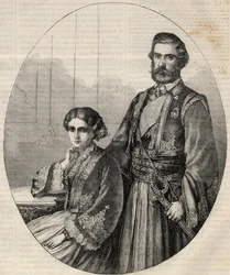 Retrato do Príncipe da Sérvia Miguel III (1823-1868) e da Princesa Julie (1831-1919). Gravura em "L
