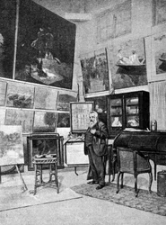 Retrato do pintor Claude Monet (1840 - 1926) no seu estúdio.