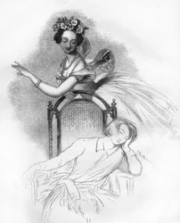 Retrato publicado por ocasião da morte de Marie Taglioni (1804-1884), bailarina romântica francesa aqui representada no papel da fada Sílfide em «Zephire et Flore», de Charles Louis Didelot. Gravura em «Le Monde Illustré»
