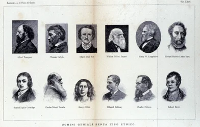 Retratos de diferentes homens de génio. Estudo publicado em "O Homem de Gênio" por Cesare Lombroso (1835-1909)