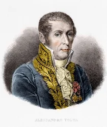 Portrat de Alessandro (Alexandre) Volta (1745 - 1827). Físico italiano, inventor da bateria elétrica. Gravura do século XIX.