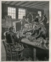 Olaria: cerâmica de enchimento. Gravura de 1885 em "Les arts et metiers illustres" de Adolphe BITARD.