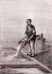 Deitar a cal na bacia, fabrico de papel na China (século III a.C.) (gravura)