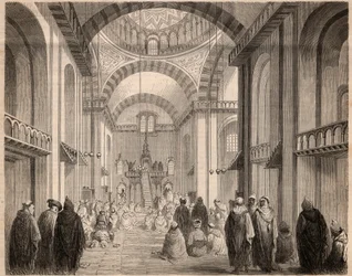 Preces do Ramadão (Careme muçulmano) na Grande Mesquita de Argel, em 1862. Gravação no "Le Monde ilustre" de 1862. Coleção privada.