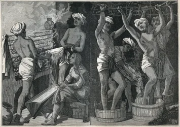 Preparação de verniz na Índia. Gravura a partir de 1885 em "Les arts et metiers illustres" de Adolphe BITARD.