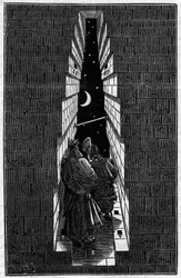 Sacerdotes do antigo Egito observando as estrelas na Grande Pirâmide de Kheops (Cheops, Keops, Khufu, Khufu) a Gyza (Guizeh, Gizeh, Giza). Gravura em "La Nature: Revue des sciences et de leurs applications aux arts et a l