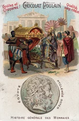 Ptolemee I (360-283 AC) Soter (salvador) mandou enterrar Alexandre o Grande. Em História Geral das Moedas. Cromolitografia de Chocolate-Foal do final do século XIX. Coleção particular.