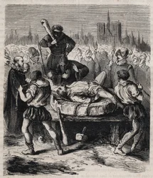 Punição de François Ravaillac (1578-1610), assassino do rei Henrique IV (1553-1610), na Place de Grève em Paris em 1610 - Gravura de 1879 em «Histoire des sociétés secrètes, politiques et religieuses» de Pierre Zaccone (1817-1895)