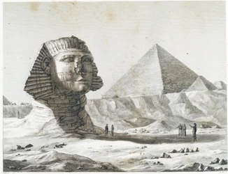 Pirâmides de Gizé: vista da Esfinge e da Grande Pirâmide, tirada do sudeste - em Descrição do Egipto, Edições Imperiais