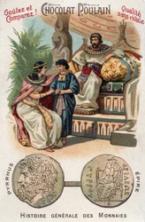 Pyrrhus I (ou Pyrrhos) rei de Epire de 306 a 272 AC. Em História Geral das Moedas. Cromolitografia de Chocolate-Foal do final do século XIX. Coleção particular.