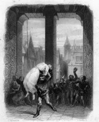Quasimodo a salvar a Esmeralda. Ilustração de 1844 Notre Dame de Paris de Victor Hugo.