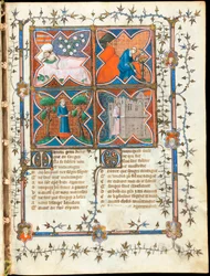 ""Quatro homens ocupados com atividades diferentes"" página iluminada do manuscrito ""Le Roman de la Rose"" de Guillaume de Lorris (por volta de 1200-1238) e Jean de Meun (Meung) (1240-1305) por volta de 1353 Suíça, Biblioteca de Genebra