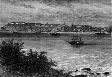Cidade de Quebec, Canadá, da margem direita do São Lourenço (St. Lawrence). Gravura no "Le Journal de la jeunesse".