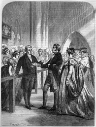 Rainha Carolina (Carolina de Brunswick-Wolfenbutte (Brunswick Wolfenbutte) (rainha consorte do rei George IV do Reino Unido) repelida da porta da abadia de Westminster 1820 (gravura)