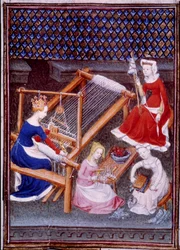 Rainha Tanaquil, esposa do rei romano Tarquínio, o Ancião, tecelagem em miniatura tirada de "De mulieribus claris" (Mulheres leves e nobres)" por Giovanni Boccaccio (Boccaccio) (1313-1373)