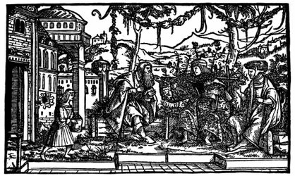 Raphaël Hythlodée, um viajante que passou cinco anos em Utopia, conta a Thomas More e Pierre Gilles a sua viagem. Xilografia publicada na edição de "Utopia" de Thomas More (1478 - 1535) de 1516.