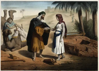 Rebecca e Eliezer para o poço: Eliezer de Damasco, encarregado de encontrar uma esposa para Isaac na Mesopotâmia, traz Rebecca de volta. Gravura anónima do século XIX.