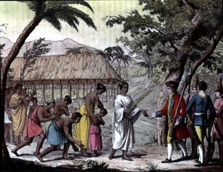 Recepção do navegador Samuel Wallis pela Rainha Oberea no Tahiti. "Navigations of Cook", Milão