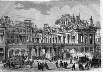 Obras de reconstrução do Palácio Real (Palais-Royal) em Paris. Gravura em "L