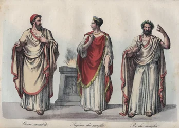 Religião na Roma antiga - Sacerdote romano - Regina sacrorum - Rex Sacrorum (rex sacrificulus) - gravura de «Usi e costumi di tutti i popoli dell