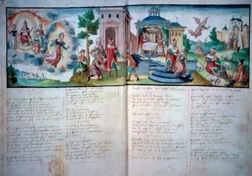 Teatro Religioso: "Paixão e Ressurreição", apresentado em Valenciennes, em 1547. Página manuscrita com aguarela, Paris, B.N.
