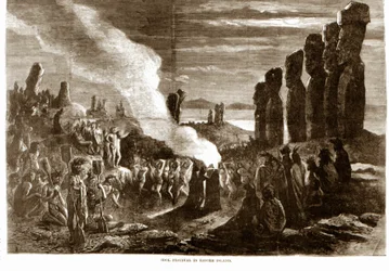 Cerimônia religiosa na Ilha de Páscoa (Rapa Nui), Polinésia. Gravura do século XIX.