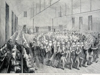 Procissão religiosa dos Shakers em Nova Iorque. Ilustração do século XIX.