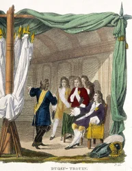Rene Duguay Trouin (Duguay-Trouin) (Rene Trouin du Gue dit) (1673-1736) antes do Rei Luís XIV (1638-1715). Gravura do século XIX.