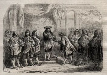 Rene Duguay Trouin (Duguay-Trouin) (Rene Trouin du Gue dit) (1673-1736) recebendo a cruz de Saint-Louis das mãos do Rei Luís XIV - gravura em "Dictionnaire populaire illustrious" - 1864 - de Joseph Decembre e Edmond Allonier -