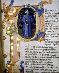 Representação numa lettrina do poeta Dante Alighieri (1265 - 1321), miniatura do século XIV.