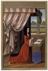 Representação de Ana de França, conhecida como Ana de Beaujeu (1461-1522), em oração. É filha de Luís XI e Carlota de Saboia. Cromolitografia segundo uma iluminura.