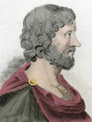 Representação de Aristipo de Cirene (435-356 a.C.), filósofo grego e discípulo de Sócrates, gravura do século XIX.