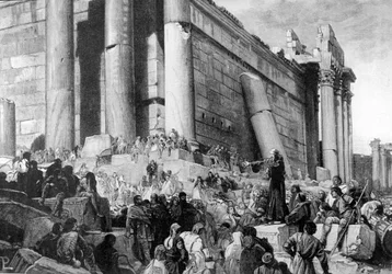 Representação de Arnaud de Brescia (Arnaldo da Brescia) (1090 - 1155), reformador político e religioso italiano, durante a pregação. Em 1145, ele pregou em Roma a revolta contra o Papa Eugênio III, que foi expulso e procurou restaurar a Republica Romana.