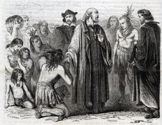 Representação de Bartolome de las Casas (1484-1566) sacerdote dominicano, missionário com os índios" (Retrato de Bartolome de las Casas, frade dominicano e protetor dos índios - gravura de 1860