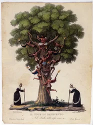 Representação da noz de Benevento, bruxas e demónios da lenda que inspirou o ballet "Il noce di Benevento" do compositor austríaco Franz Xaver Sussmayr (1766-1803). Ilustração do século XIX